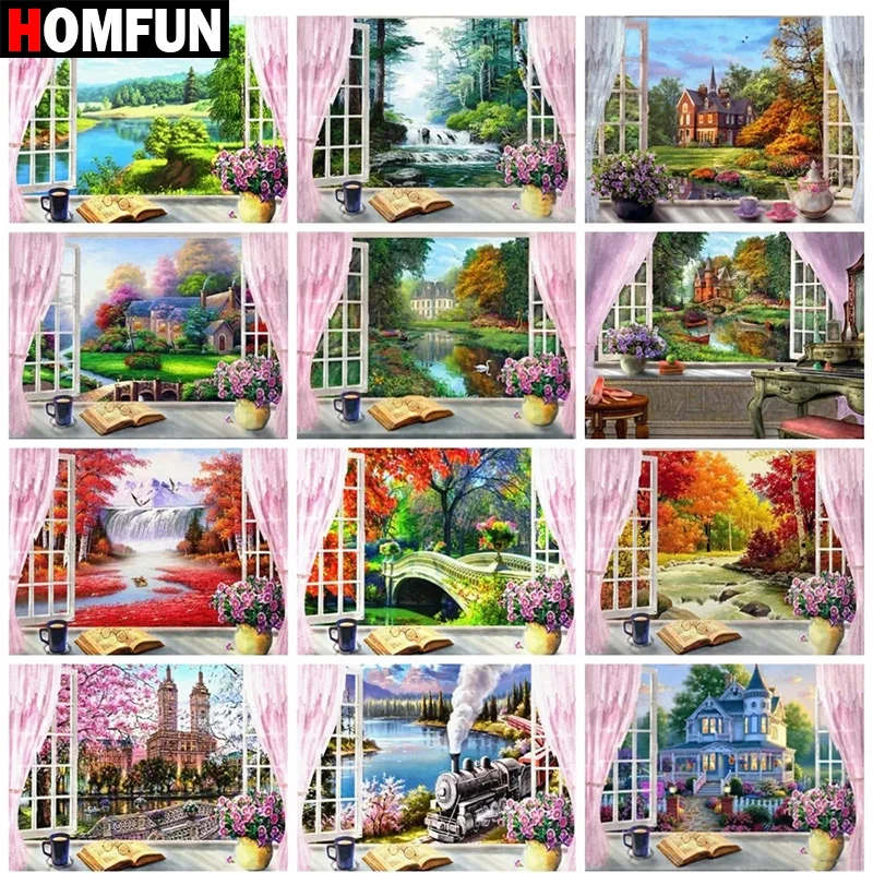 HOMFUN Full Square/Round Drill 5D DIY Diamond Painting Window Scenery House Landscape Natural Embroidery Cross Stitch Decor Gift