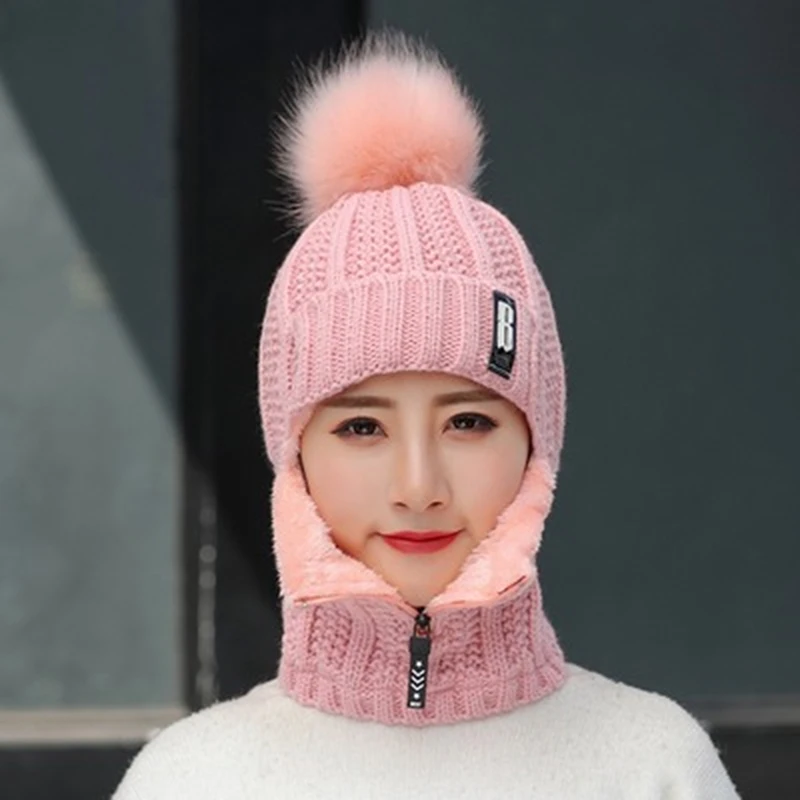 Women Wool Knitted Hat Ski Hat Sets For Female Windproof Winter Outdoor Knit Warm Thick Siamese Scarf Collar Warm Hat Girl Gift