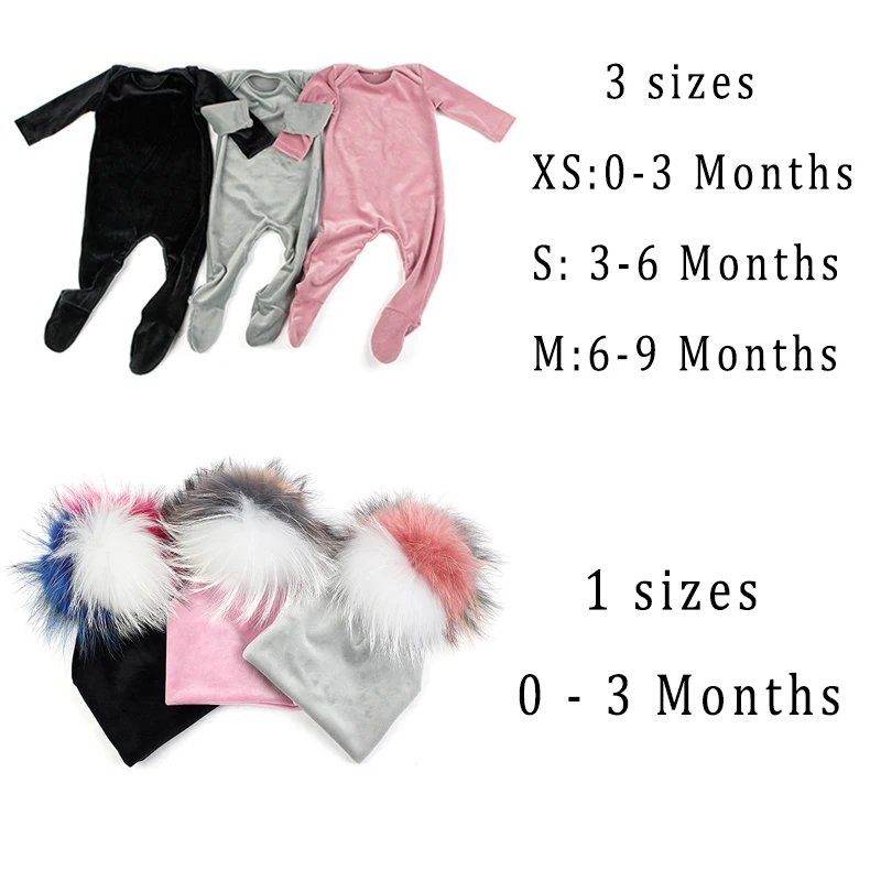 Baby Girls Long sleeves Jumpsuits pajama Soft Warm Velvet Stretches Bodysuits Clothes Boys Three Color Pompom Beanies set