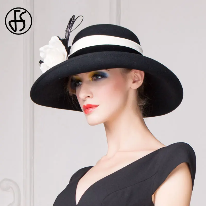 FS Duży czarny kapelusz z szerokim rondem Fedora dla kobiet Wełniany filcowy kapelusz Jesień Zima Kościół Melonik Cloche Kapelusze Kwiaty Sombrero Femme