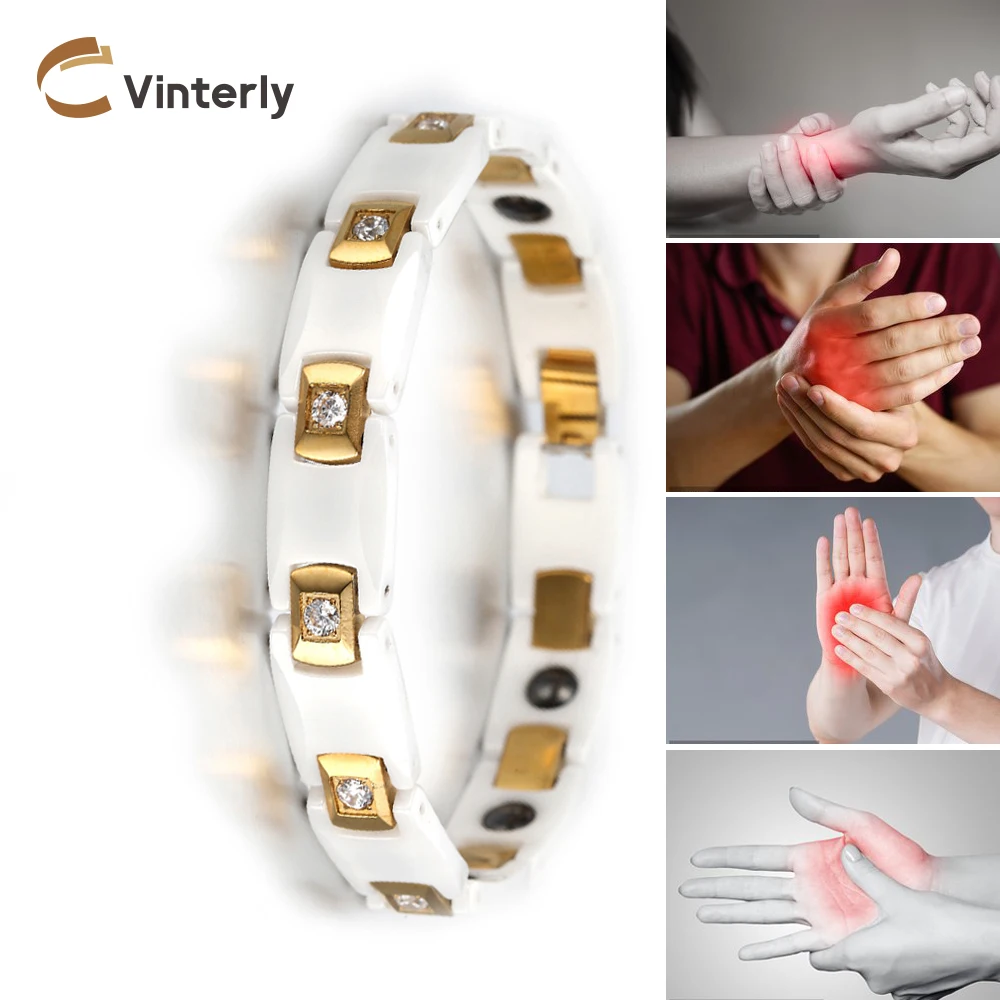 

Vinterly Bracelets for Women Chain Link Gold-color AAA CZ Stone Female Health Energy Hematite White Ceramic Femme Jewelry 10mm