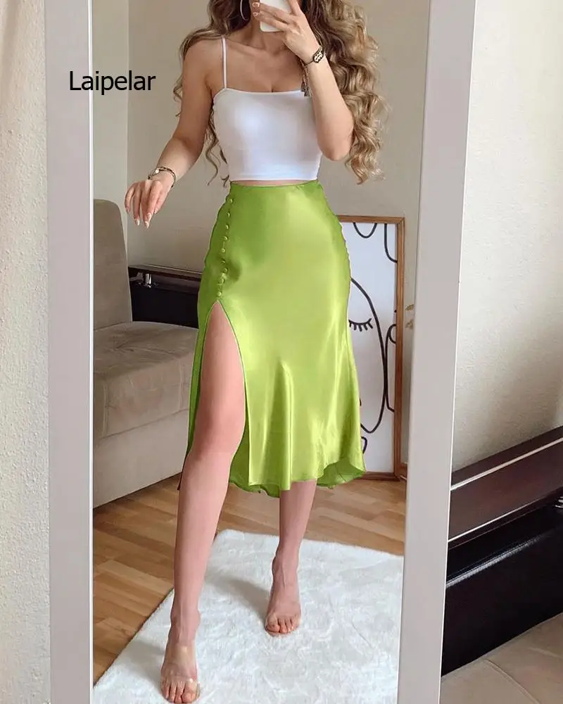 Women Summer Two Pieces Sets Spaghetti Strap Crop Top & Satin Buttoned High Slit Midi Skirt Set