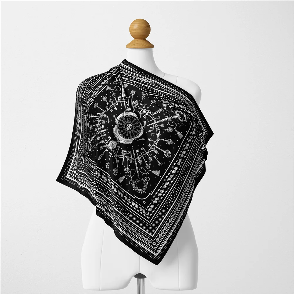 Twill Silk Scarf Woman Key Chain Painting Square Scarves Wraps Bandana Small Hijab Silk Foulards Tie Headband Neckerchief 53CM