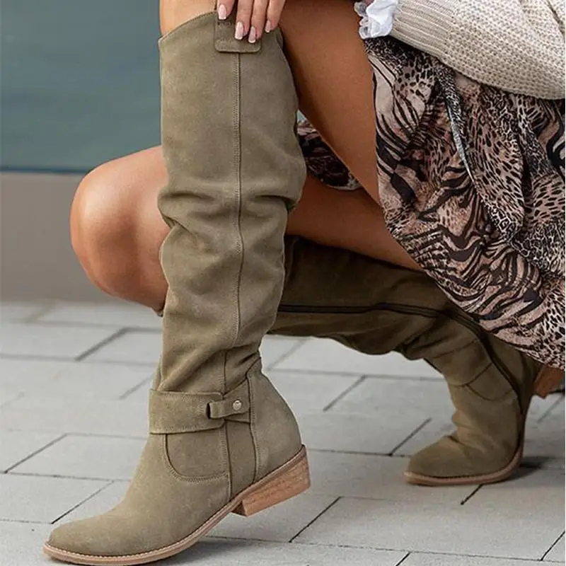 Women Knee High Boots Solid Color Suede Ladies Boot Autumn Warm Pointed Toe Sexy Zipper Low Heel Pumps Comfortable Female Shoes