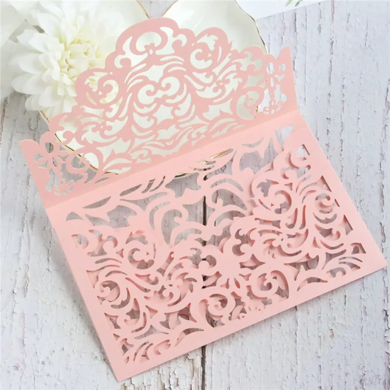 Hollow wedding invitations with glittery gold envelop pink ivory dark green floral holiday greeting cards