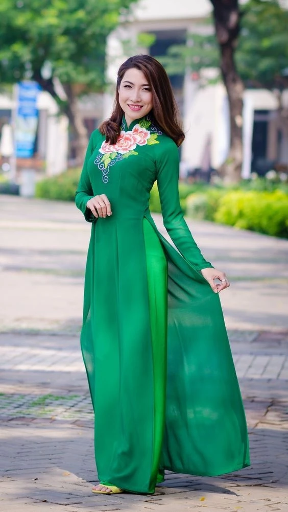 Green Peony tailored aodai vietnam dress cheongsam vietnamese traditionally dress oriental costumes pants and robe