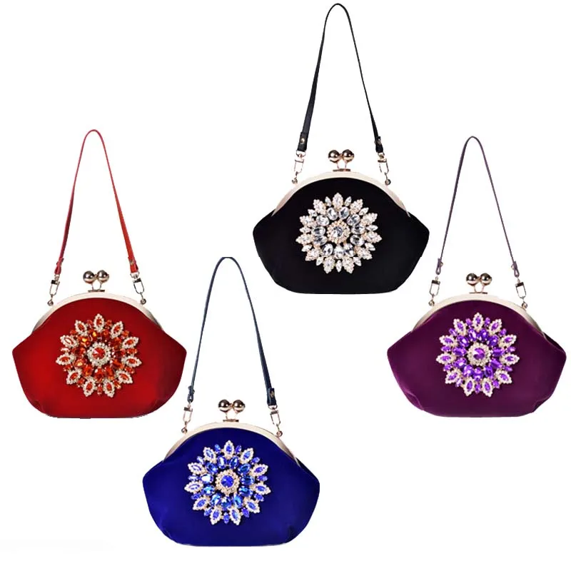 Women's Shoulder Bag Red Bride Wedding Party Evening Bags  Rhinestone Flower Clutch Purse PU Strap Handle Ladies Fashion Handbag