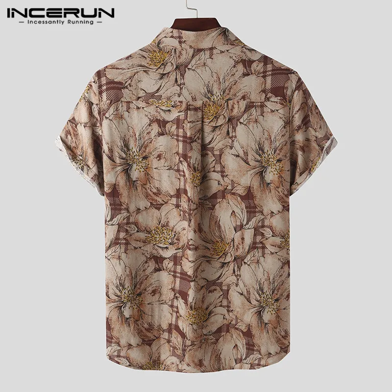 INCERUN Mens Printed Camisa Masculina Summer Hawaiian Blouse Men Vintage Shirts Short Sleeve Lapel Camisa Casual Buttons Blusas