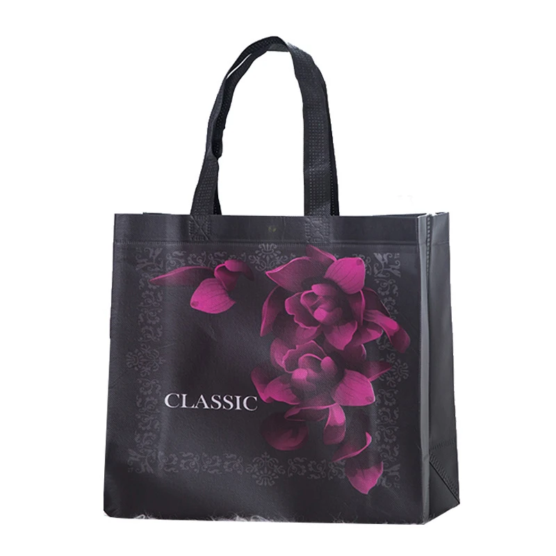 Fashion Shopping Bag Black Large Capacity Non-woven Portable Storage Pouch Flower Print Handbag Reusable Foldable Shoulder Bag