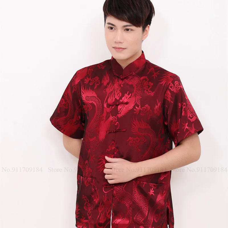 

6 Colors Chinese Style Men Tang Suit Jackets Dragon Print Short Sleeve Tops Blouse Tai Chi Kung Fu Shirts Coat New Year Outfits