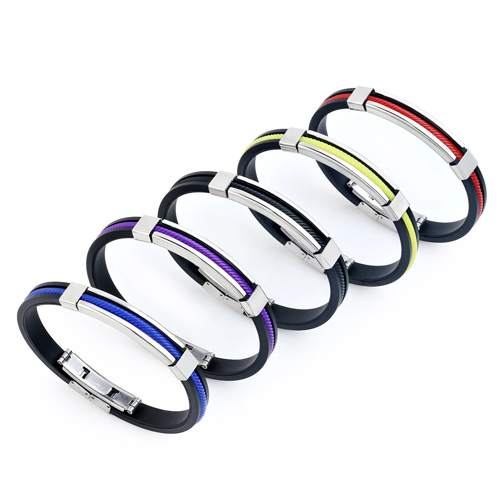 2024 Trend Jewelry Stainless Steel Colorful Silicone Bracelet Classical Titanium Steel Cuff Rubber Bracelet for Men And Women