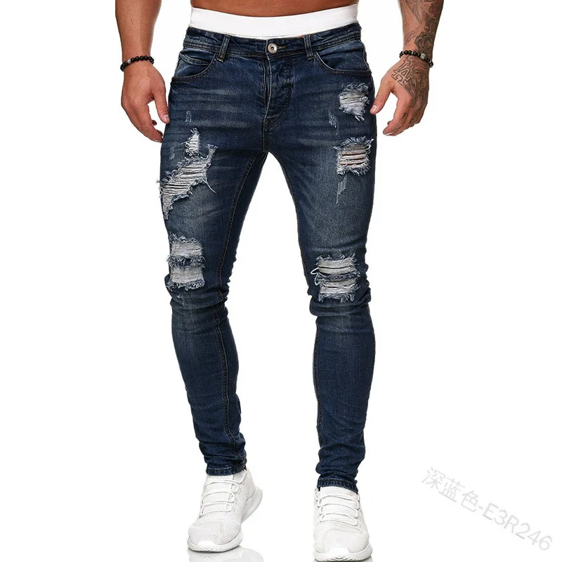 

European and American New Style Denim Men's Trousers with Holes In The Trend of Black Slim-fit Denim Pants for Men Mens Fashion