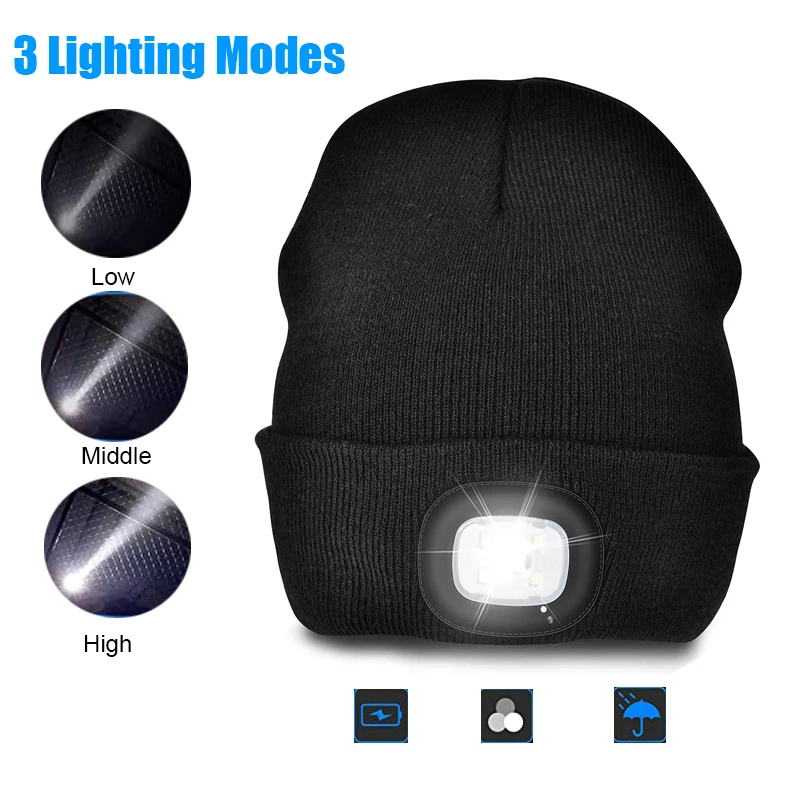 Unisex 4 LED Lighted Beanie Cap Running Hat Super Bright Hands Free Headlight Torch Hat LED Hat Hiking Gifts for Dad Men Women