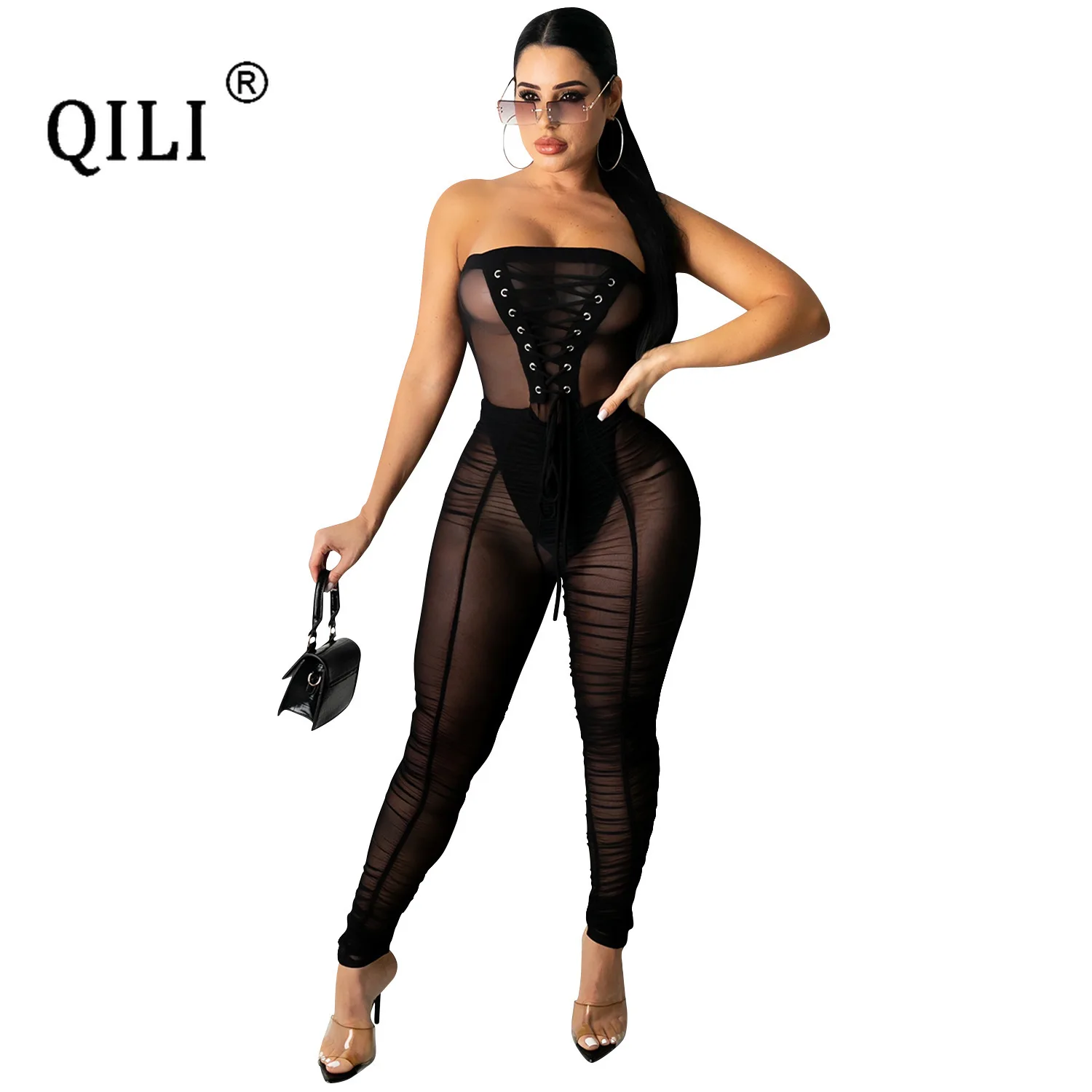 QILI-Sexy Strapless Lace Up Jumpsuits, Mesh, Black, White, See Through, Sleeveless, Skinny, Full Length Pants, Jumpsuit, C