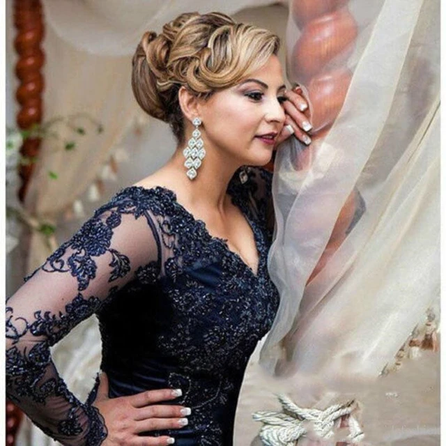 Wholesale navy blue Nude Lace Long Sleeve Mother of the Bride Dresses V Neck Back Out Wedding Party Gowns 2022 Latest On Sale AliExpress