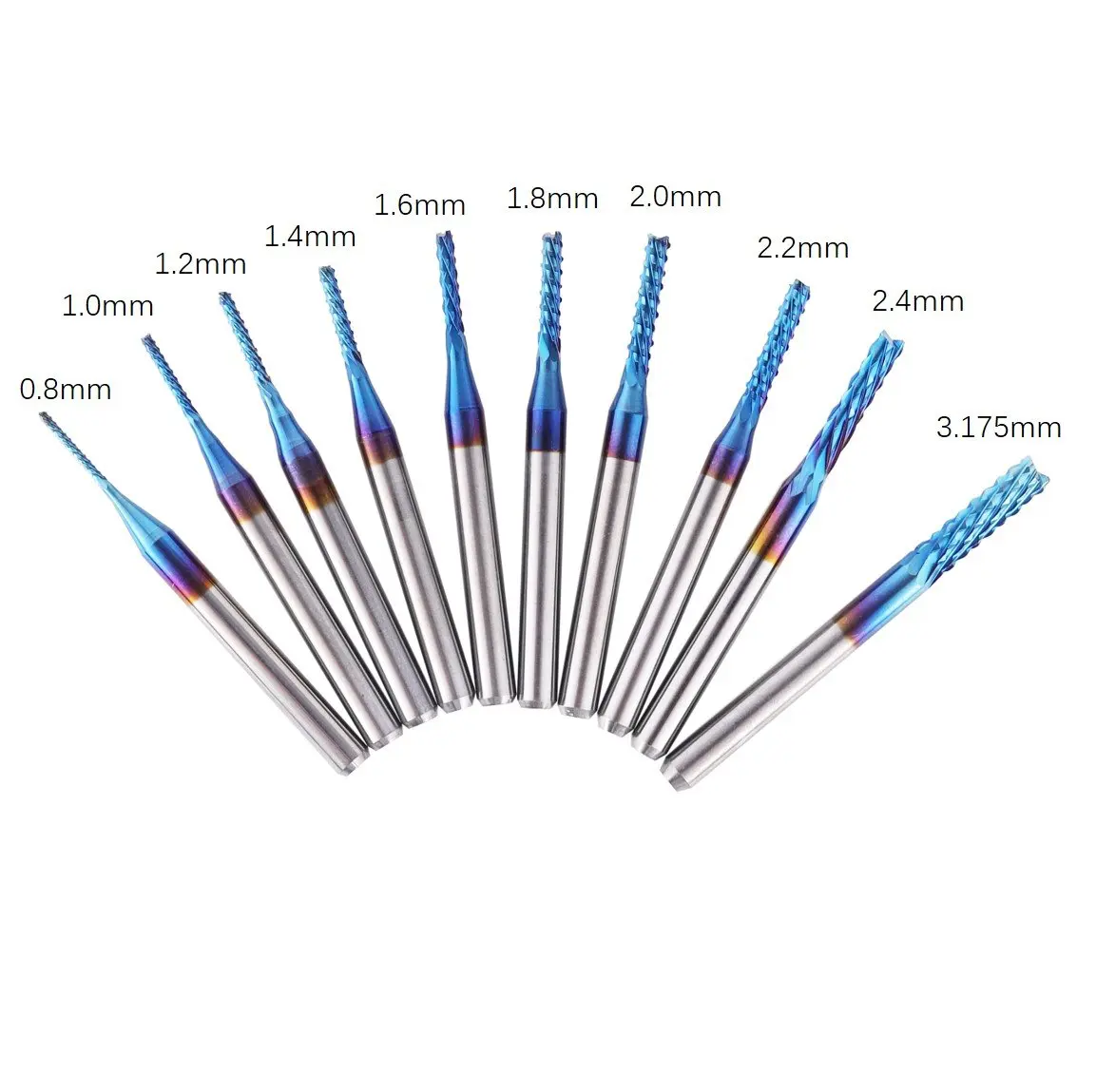 FoxAlien 10pcs End Mill CNC Router Bits, 0.8-3.175mm 1/8” Shank Nano Blue Coating Engraving Bits Cutter Woodworking Tools