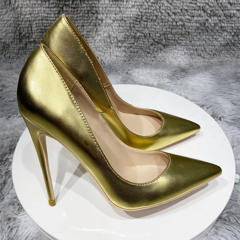 Tikicup Shiny Gold Matte Women PointyToe High Heel Wedding Party Shoes Sparkly Ladies Slip On Stiletto Pumps Large Size 33-45