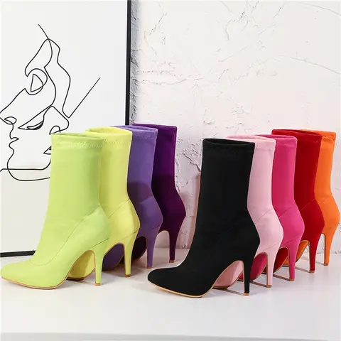 2023 Plus Size 32-48 donne Fetish calzino stivali 10cm tacchi alti tacchi a spillo viola giallo Neon verde stivaletti alla caviglia scarpe pesca