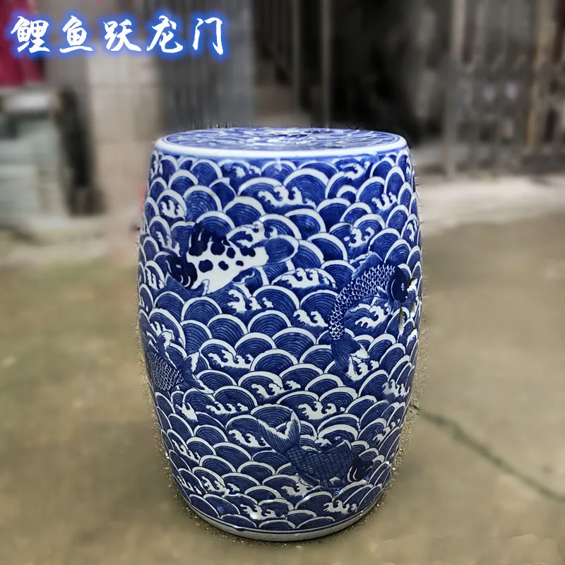 Chinese Antique Blue And White Living Room Side Bench Garden Flower Pot Ornaments