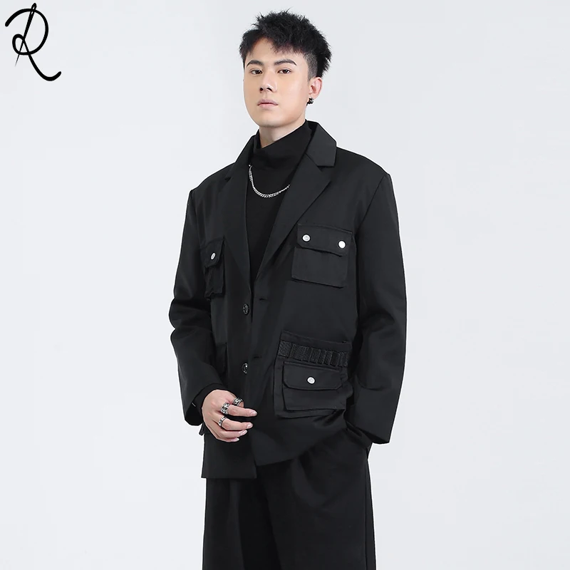 S-6XL!!Original men's clothing autumn winter outfit personality joker pocket patchwork loose tactical suit jacket men's suit