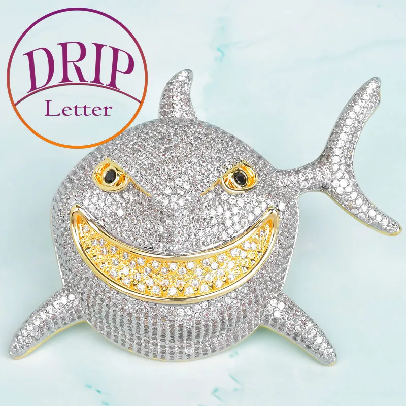 Drip Letter No Chain Full Zircon Shark Head Pendant Animal Necklace Charm Men's Hip Hop Gold Color Fashion Jewelry 2023 Trend