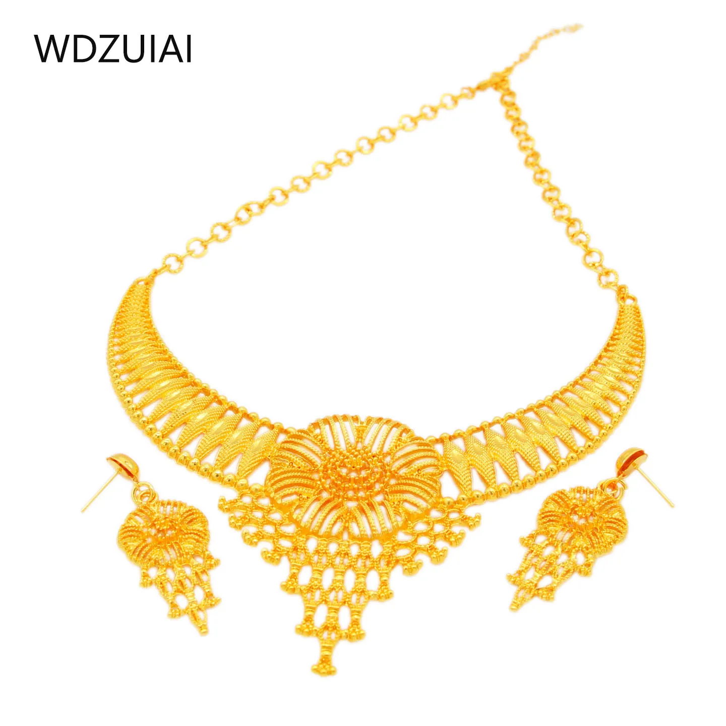 WDZUIAI Dubai 24K Bright Gold Color Necklace&Earring Set For African Indian French Arab Women Bridal Wedding Luxury Jewelry Gift