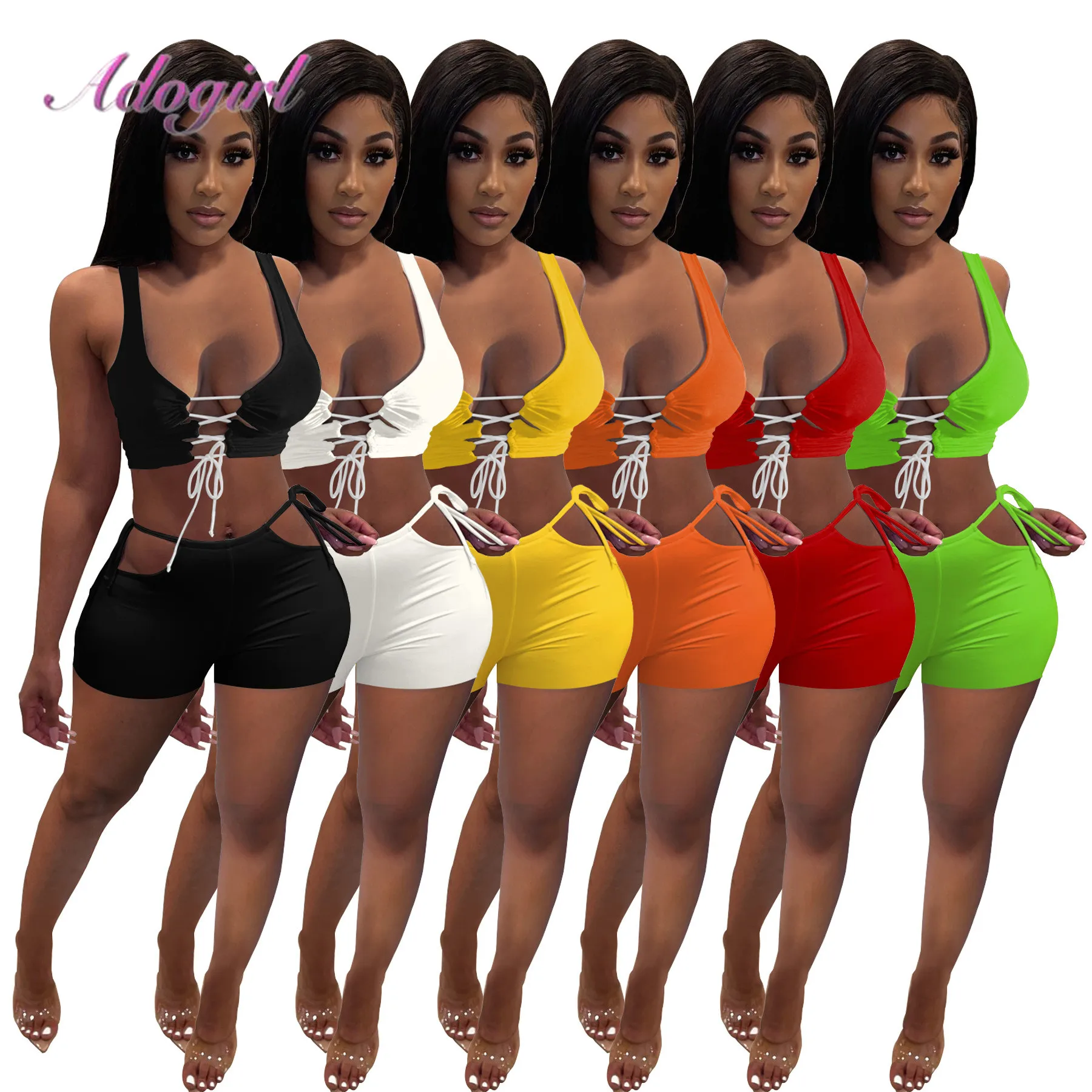 

Fitness Summer Sport Two Piece Set Solid Color Lace Up Bandage Tank Tops Bikers Shorts Pants Outfit Tracksuit Party Club Suit