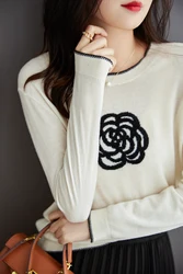 2021AutumnWinter New Stylish Elegant WOOL Knitted Pullovers Women O Neck Contrast Color Beading Rose Sweater