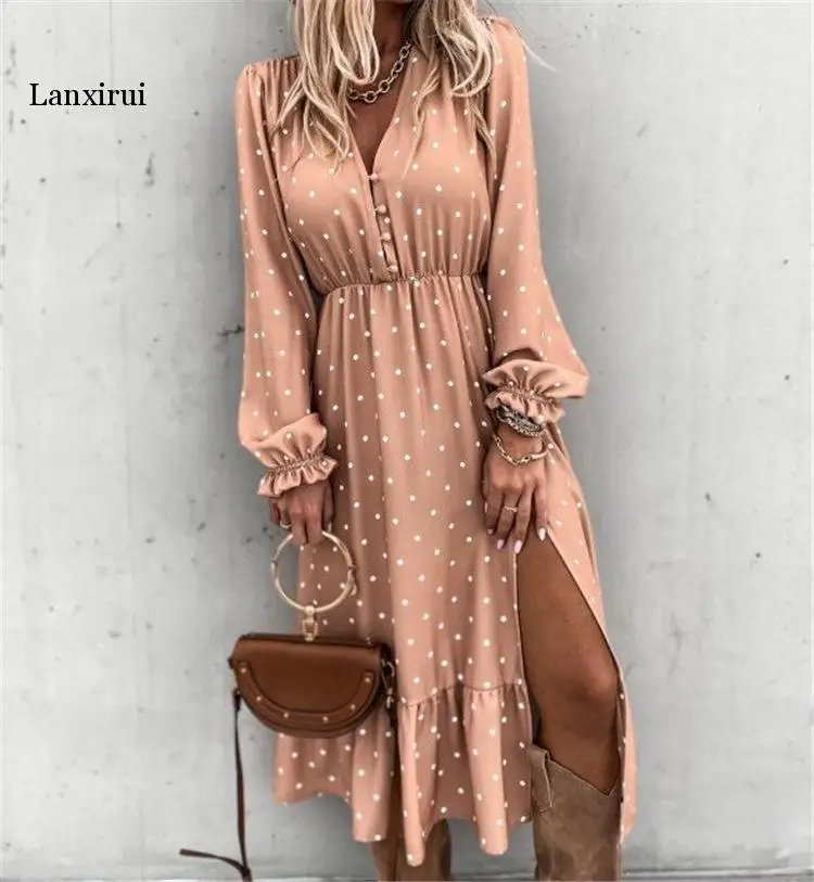 Vintage Elegant Polka Dot Women Long Dress Spring Autumn New Fashion Long Sleeves Dresses V Neck Slim Lace Up Vestidos