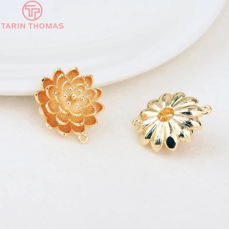 (806) 6PCS 18MM 24K Gold Color Plated Brass Flower Charms Connector Pendants High Quality Diy Jewelry Accessories