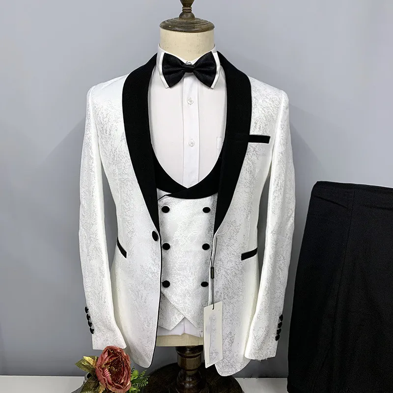 

New dark jacquard white wedding suits men 3 piece Slim Fit Black Satin Lapel red white yellow Ivory blue multicolor available