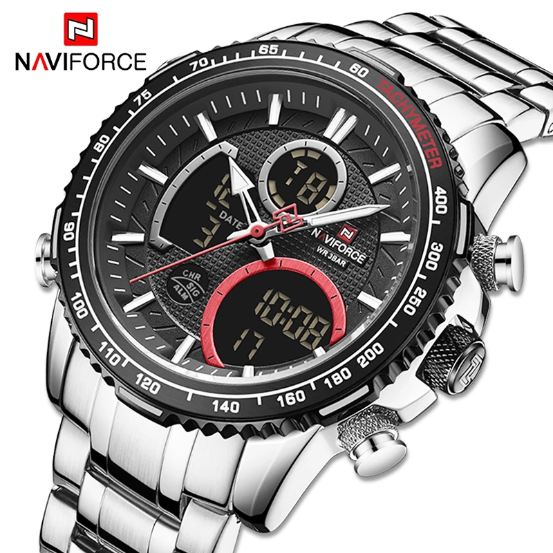 NAVIFORCE Fashion Sport Waterproof Men's Digital Watch with Stainless Steel Strap Chronograph Luminou Wristwatch Male Wristwatch