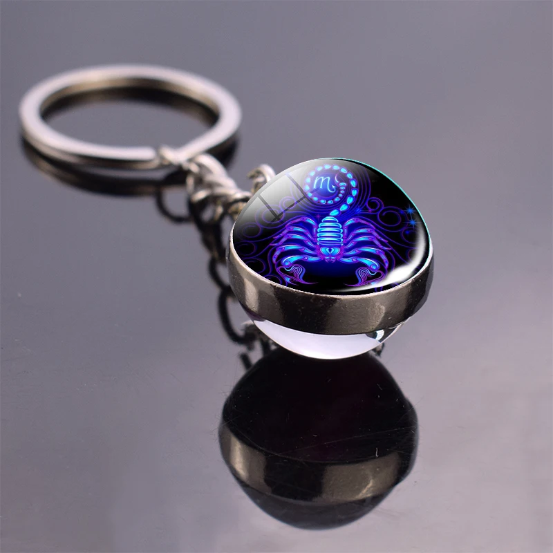 New 12 Constellation Keychain Bull Sheep Lion Crab Scorpion Zodiac Glass Ball Key Chain Car Key Ring Men Birthday Gift