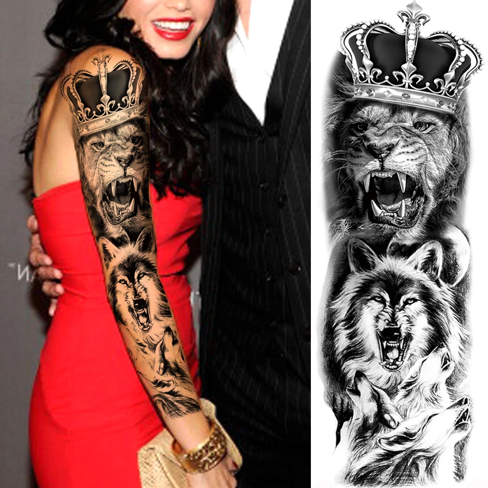 Large Skull Totem Temporary Tattoos Sleeve For Men Women Fake Lion Wolf Compass Tattoo Sticker Black Waterproof Full Arm Tatoos