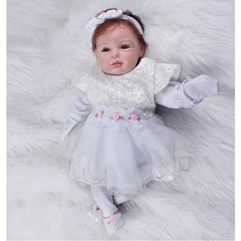 

55 Cm 22 Inch Realistic Reborn Doll Soft Silicone Simulation Real White Skirt Toddler Girl Kids Toy Birthday Gift