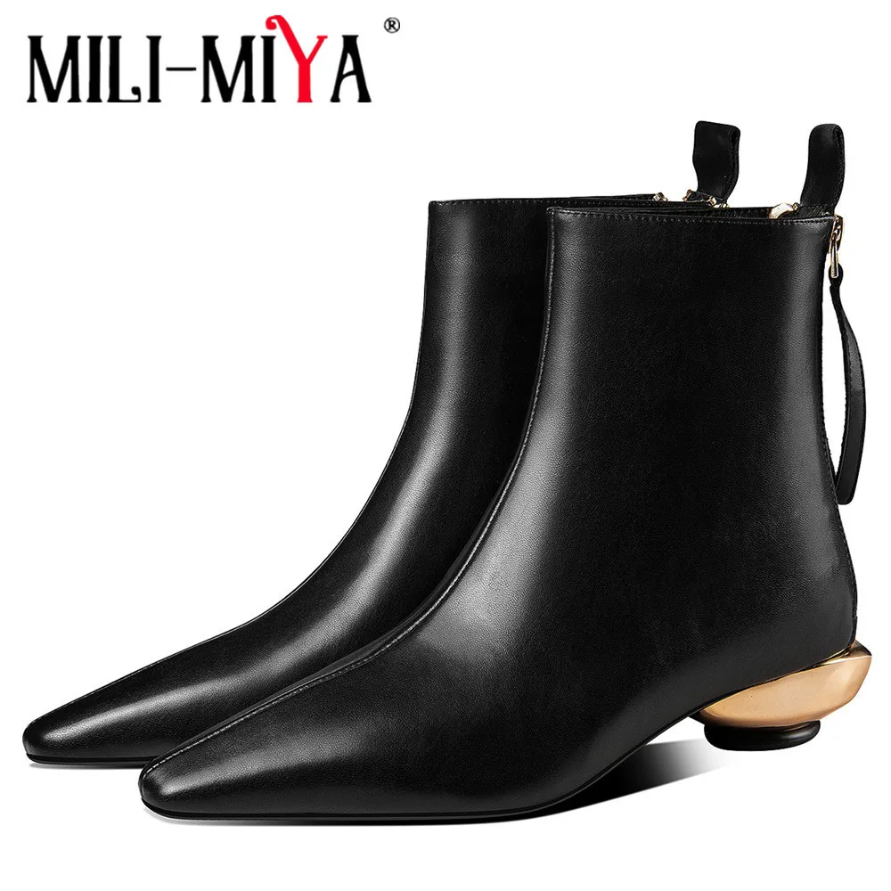 MILI-MIYA New Concise Design Women Full Genuine Leather Ankle Boots Solid Color Thick Heels Pointed Toe Zippers Big Size 34-42