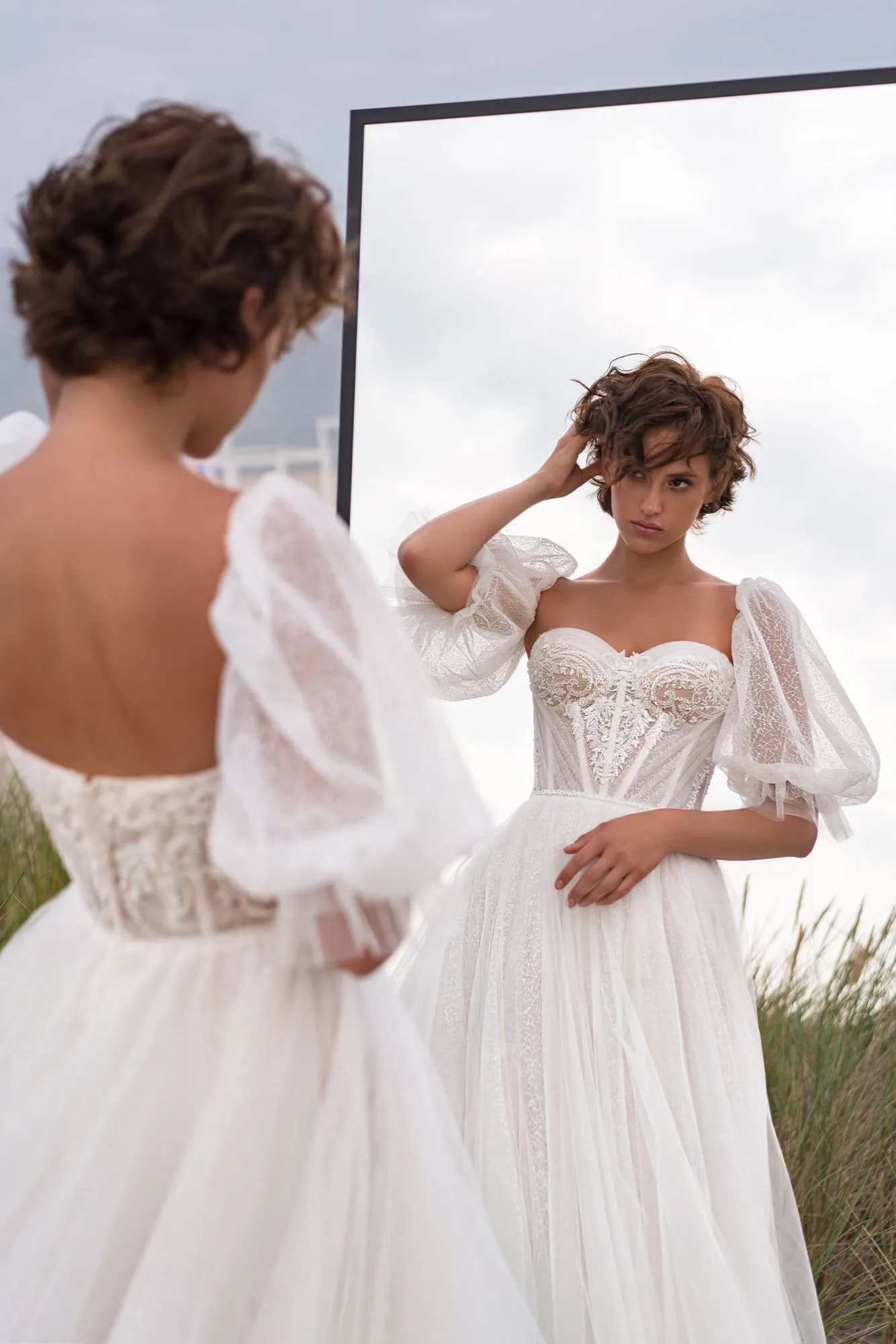 Vestido De novia Vintage desmontable con mangas abullonadas, De tul, con apliques De encaje, para novia