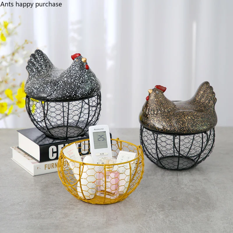 Ceramics Wrought Iron Storage Basket Household Decorations Entrance Desktop Storage Ornaments Chicken Groceries Metal Basket