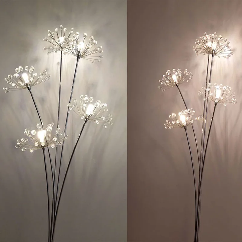 Modern Art Dandelion LED Floor Lamps Creative Silver Bedroom Crystal Stand Lamp Living Room Study Wedding Dress Shop Decoration