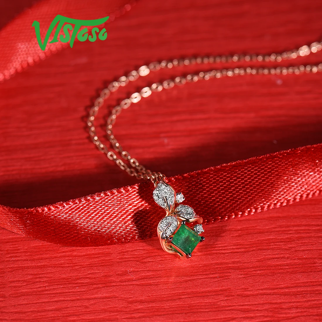VISTOSO Gold Pendants For Women Authentic 14K 585 Rose Gold Leaves Magic Emerald Sparkling Diamond Pendant Elegant Fine Jewelry