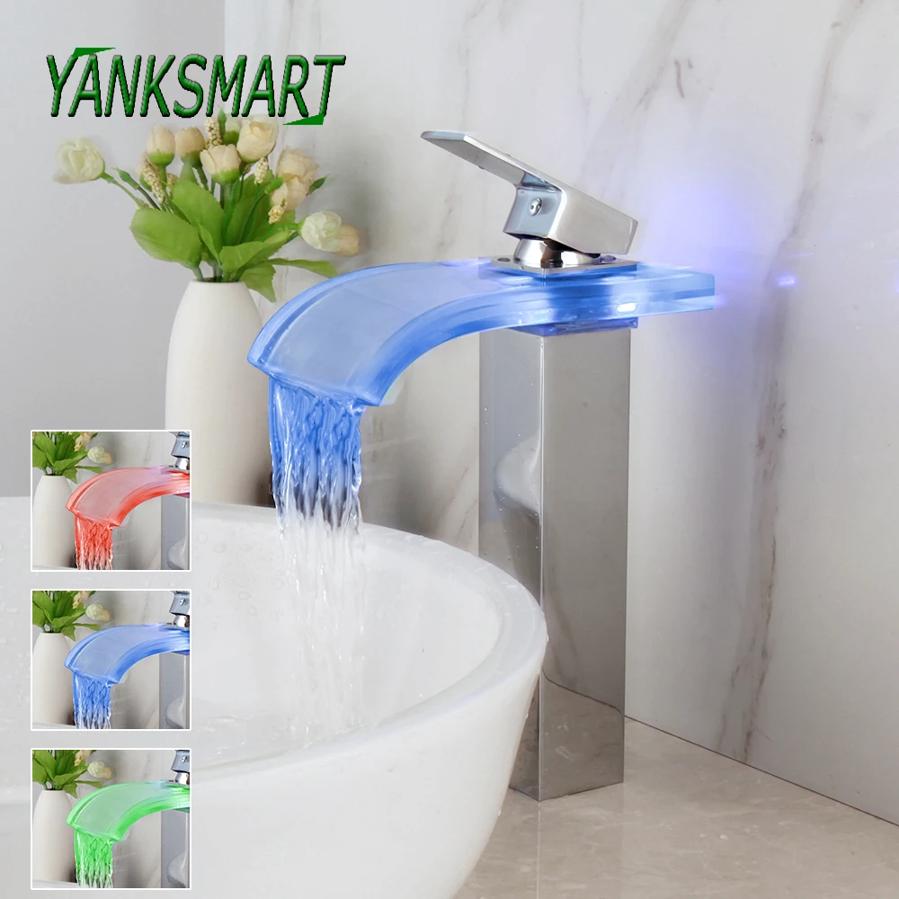 

YANKSMART 3 Color Change LED Chrome Polished Waterfall Basin Faucet Deck Mounted Single Lever Water Power Tap Cold Hot Mixer Tap