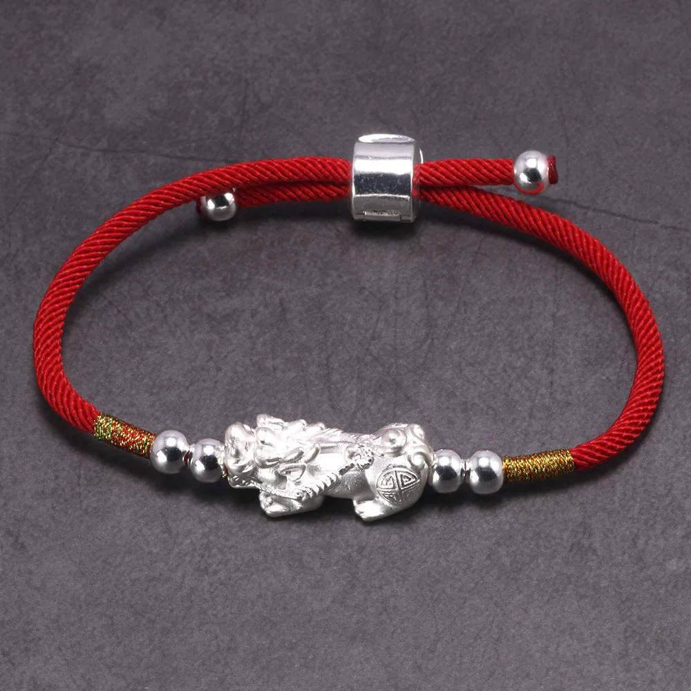 Real 999 Sterling Silver Pixiu Bracelet for Men and Women Adjustable Charm Hand Braided Lucky Knot Retro Thai Amulet Bracelet
