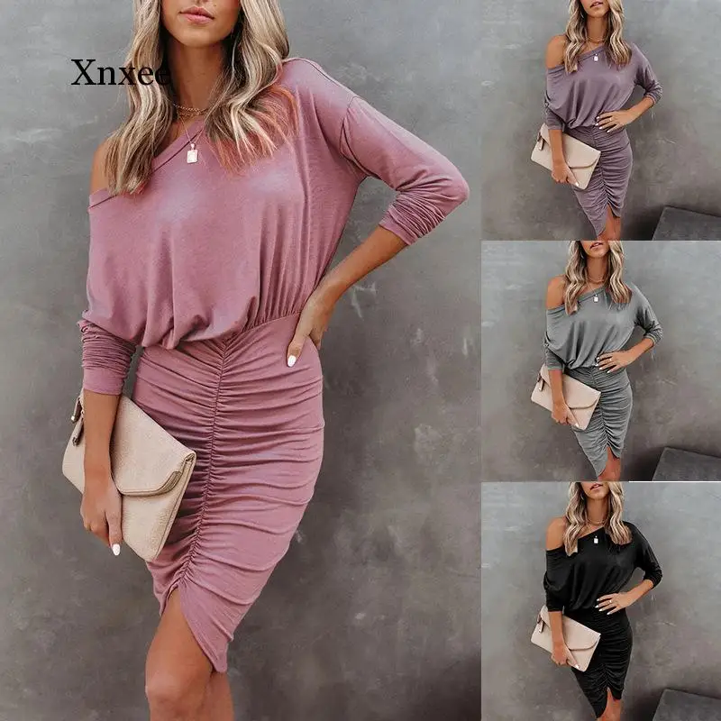 Women's Folds Long Sleeve Spring Summer Dress Sexy Slim Elegant Solid Irregular Elasticity High Waist Dinner Sexy Party Outfits