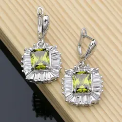 Handmade Square Olive Green CZ Fashion Earrings 925 Sterling Silver Earring For Bridal Decoration Gift Set Dropshipping