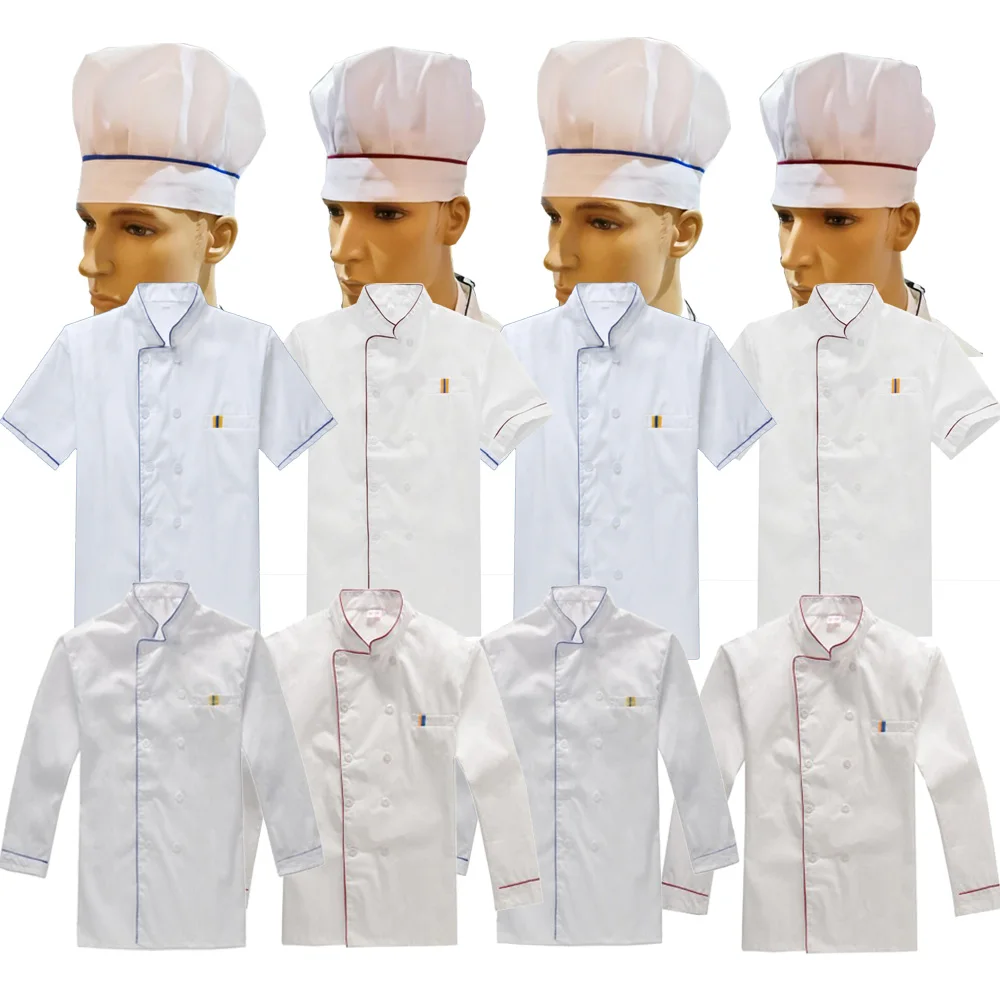 เชฟชุดทำงานเครื่องแบบเชฟขาว Unisex Chef Coat ห้องครัวสั้นยาว Sheeve Chef เสื้อสำหรับชายและผู้หญิง