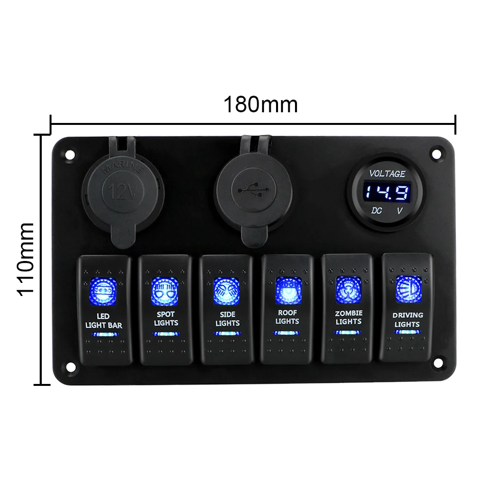 6 Buttons Switch Panel for Car Marine Boat Light Toggle LED Digital Voltmeter Test USB Chargers 12V 24V Power Adapter Waterproof