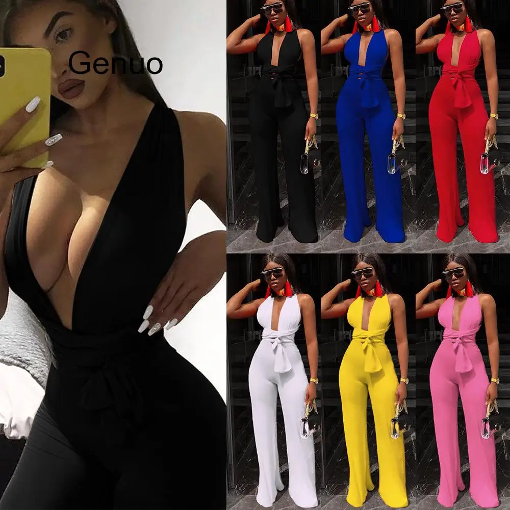 Women Sexy Deep V Neck Jumpsuit Backless Adjustable Strap Summer Fashion New Overalls Holiday Beach Wear Casual Playsuits Female