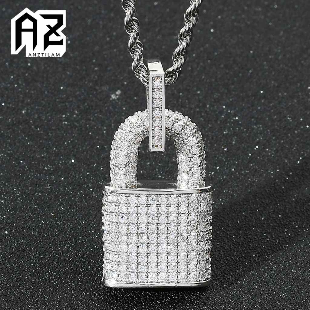 Anztilam HIP HOP Bling Iced Out Lock Pendants Necklace Paved Zircon Stone Long Link Chain Necklace For Man Women Jewelry Gift