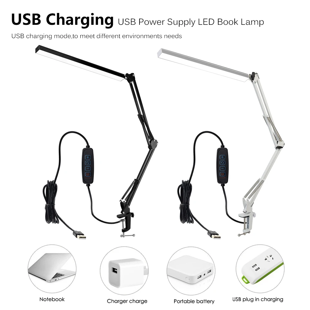 Metal LED Desk Lamp Eye Caring Table Light with Swing Arm 3 Color Modes Stepless Diming USB Charging for Reading Working Studing