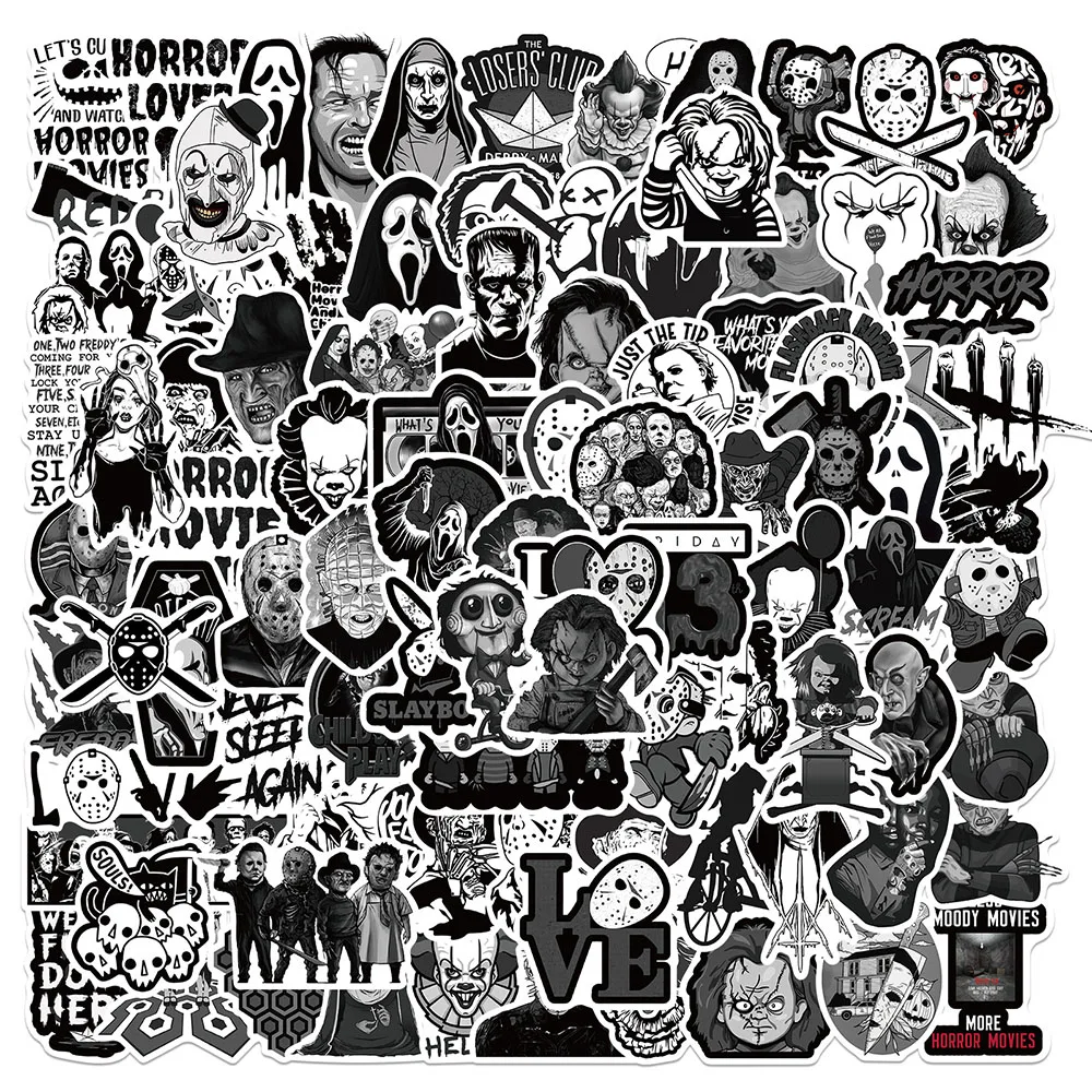 

10/50/100PCS Cool Black and White Movie Graffiti Horror Stickers Aesthetic Laptop Motorcycle Waterproof Decal Sticker Kid Toy